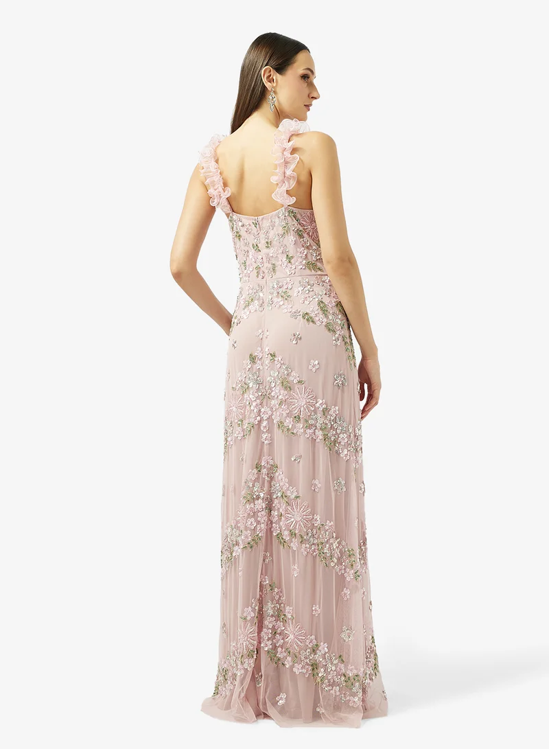 Namshi x  Ruffle Sleeve Floral Bead Embellished Evening Gown for Women | Best Price UAE